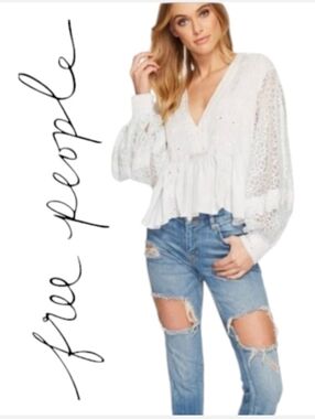 Free People Boogie All Night Embroidered Lace-Contrast Boho Top Sz Small